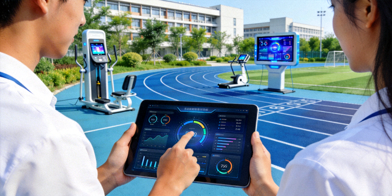 现代化大学校园内的智能体育课堂，学生使用平板电脑记录数据